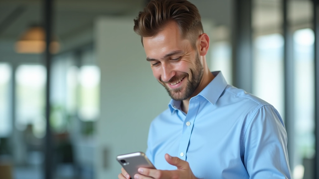 Muž se usmívá při pohledu na mobil se zeleným čekem potvrzujícím okamžitou platbu, moderní kancelář, přirozené osvětlení