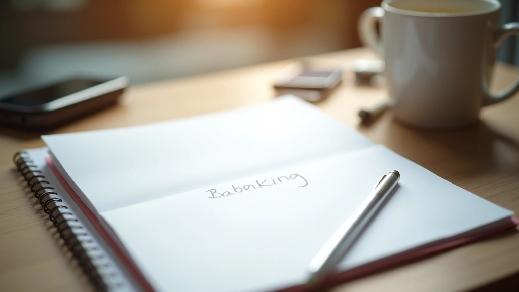 Notebook s poznatky o mobilních bankách vedle kafeterie na pracovním stole, přátelský profesionální design