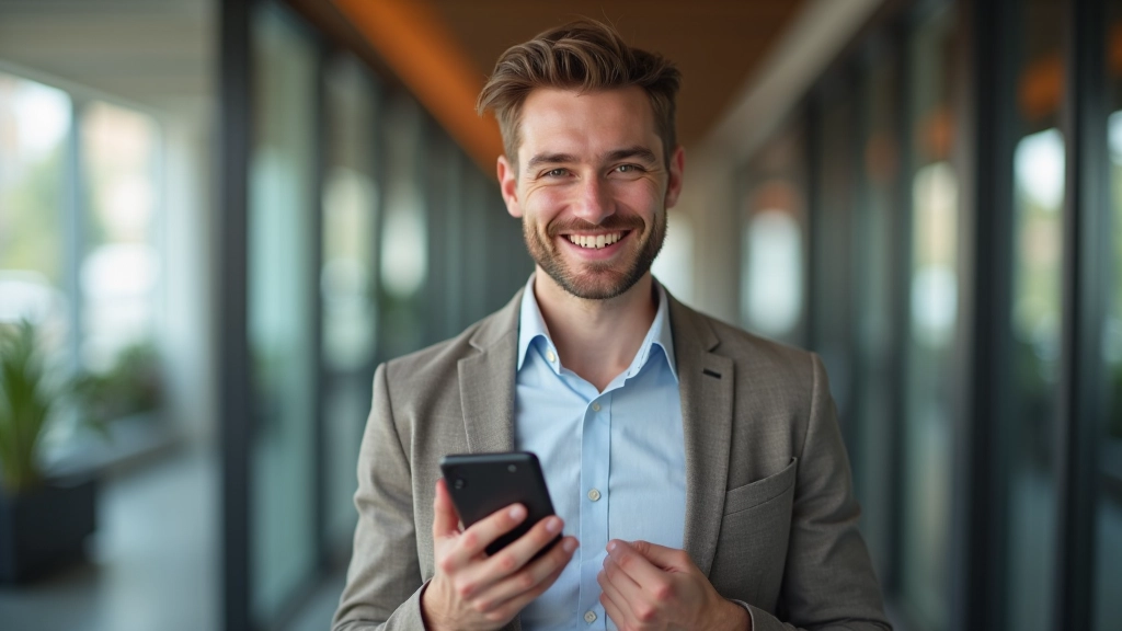 Člověk s úsměvem držící mobilní telefon se zeleným symbolem úspěchu, vítězství, spokojený výraz