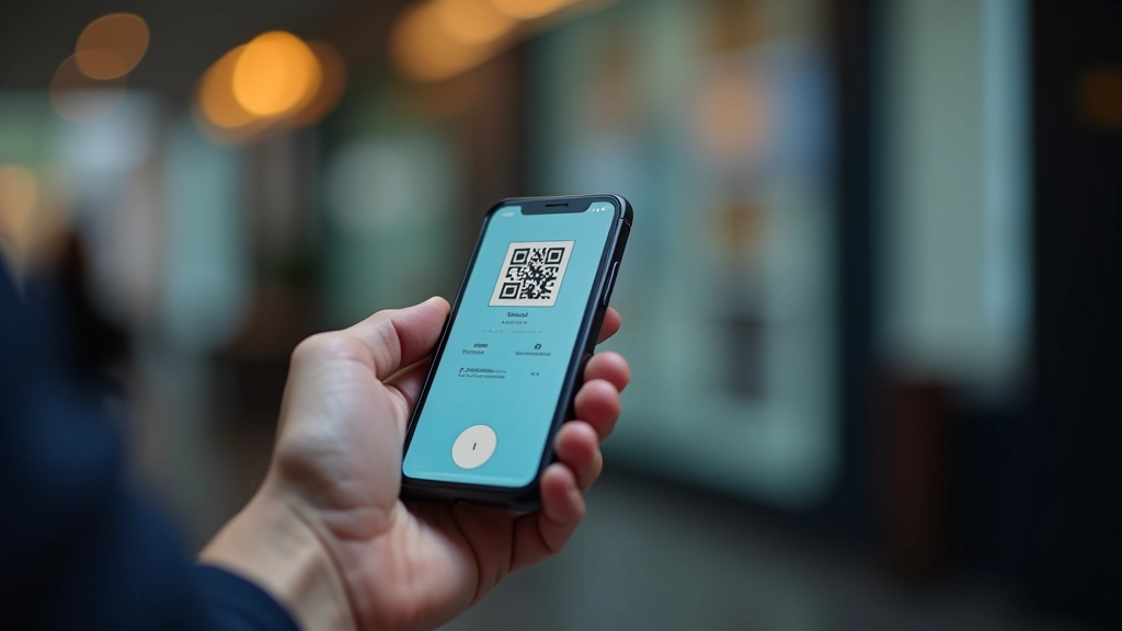 Detailní záběr na mobilní telefon zobrazující otevřenou bankovní aplikaci s aktivní kamerou pro skenování QR kódu na platební terminálu