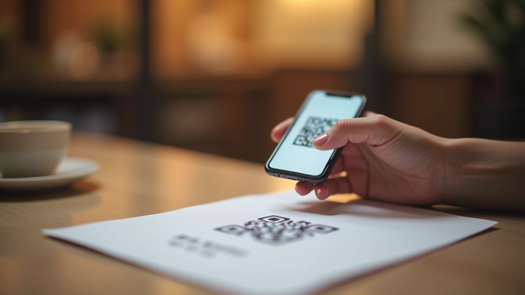 Ruka držící mobilní telefon nasměřovaný na QR kód na papíru, café scéna v pozadí, proces platby