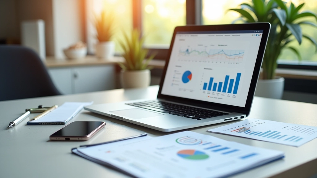 Pracovní prostor s notebookem, tabuletem a mobil telefónem, které zobrazují finanční aplikace a grafy, profesionální kancelářské prostředí s přirozeným osvětlením